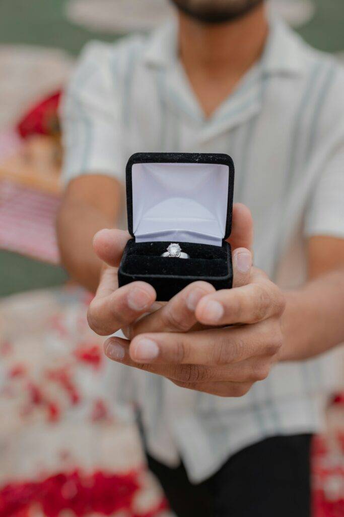 "Modern love story proposal moment with couple in love"